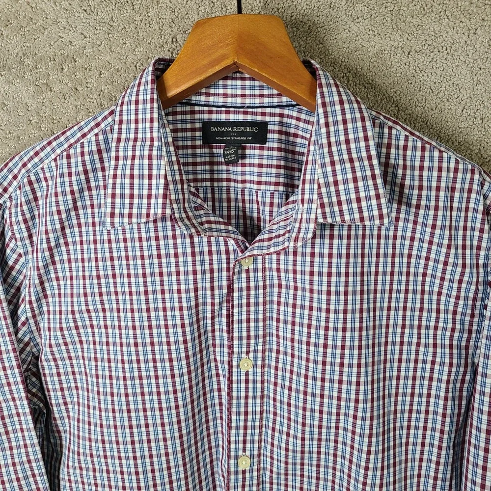 Banana Republic Shirt Mens L 34-35 Red White Blue Plaid Non‎ Iron Standard Fit